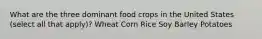 What are the three dominant food crops in the United States (select all that apply)? Wheat Corn Rice Soy Barley Potatoes