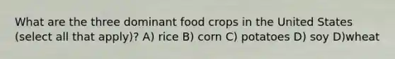 What are the three dominant food crops in the United States (select all that apply)? A) rice B) corn C) potatoes D) soy D)wheat