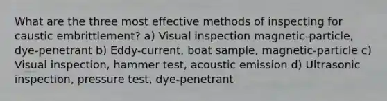 What are the three most effective methods of inspecting for caustic embrittlement? a) Visual inspection magnetic-particle, dye-penetrant b) Eddy-current, boat sample, magnetic-particle c) Visual inspection, hammer test, acoustic emission d) Ultrasonic inspection, pressure test, dye-penetrant