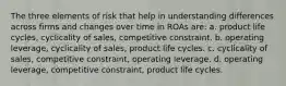 The three elements of risk that help in understanding differences across firms and changes over time in ROAs are: a. product life cycles, cyclicality of sales, competitive constraint. b. operating leverage, cyclicality of sales, product life cycles. c. cyclicality of sales, competitive constraint, operating leverage. d. operating leverage, competitive constraint, product life cycles.