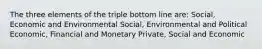 The three elements of the triple bottom line are: Social, Economic and Environmental Social, Environmental and Political Economic, Financial and Monetary Private, Social and Economic