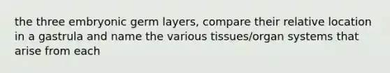 the three embryonic germ layers, compare their relative location in a gastrula and name the various tissues/organ systems that arise from each