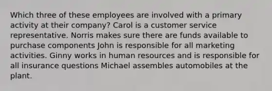 Which three of these employees are involved with a primary activity at their company? Carol is a customer service representative. Norris makes sure there are funds available to purchase components John is responsible for all marketing activities. Ginny works in human resources and is responsible for all insurance questions Michael assembles automobiles at the plant.