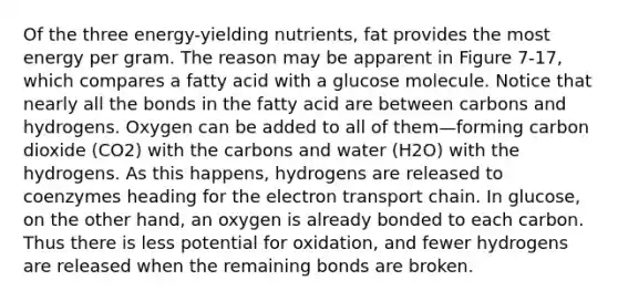 Of the three energy-yielding nutrients, fat provides the most energy per gram. The reason may be apparent in Figure 7-17, which compares a fatty acid with a glucose molecule. Notice that nearly all the bonds in the fatty acid are between carbons and hydrogens. Oxygen can be added to all of them—forming carbon dioxide (CO2) with the carbons and water (H2O) with the hydrogens. As this happens, hydrogens are released to coenzymes heading for the electron transport chain. In glucose, on the other hand, an oxygen is already bonded to each carbon. Thus there is less potential for oxidation, and fewer hydrogens are released when the remaining bonds are broken.