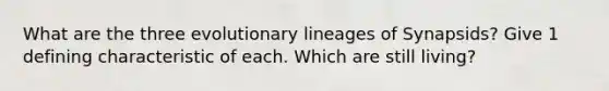 What are the three evolutionary lineages of Synapsids? Give 1 defining characteristic of each. Which are still living?