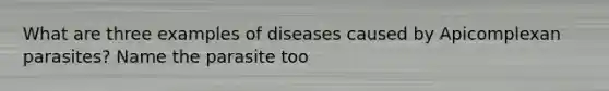 What are three examples of diseases caused by Apicomplexan parasites? Name the parasite too