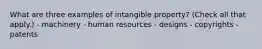 What are three examples of intangible property? (Check all that apply.) - machinery - human resources - designs - copyrights - patents