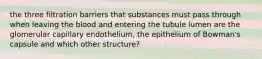 the three filtration barriers that substances must pass through when leaving the blood and entering the tubule lumen are the glomerular capillary endothelium, the epithelium of Bowman's capsule and which other structure?