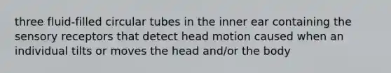 three fluid-filled circular tubes in the inner ear containing the sensory receptors that detect head motion caused when an individual tilts or moves the head and/or the body