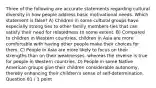 Three of the following are accurate statements regarding cultural diversity in how people address basic motivational needs. Which statement is false? A) Children in some cultural groups have especially strong ties to other family members-ties that can satisfy their need for relatedness to some extent. B) Compared to children in Western countries, children in Asia are more comfortable with having other people make their choices for them. C) People in Asia are more likely to focus on their strengths than on their weaknesses, whereas the reverse is true for people in Western countries. D) People in some Native American groups give their children considerable autonomy, thereby enhancing their children's sense of self-determination. Question 81 / 1 point