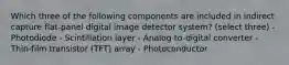 Which three of the following components are included in indirect capture flat-panel digital image detector system? (select three) - Photodiode - Scintillation layer - Analog-to-digital converter - Thin-film transistor (TFT) array - Photoconductor