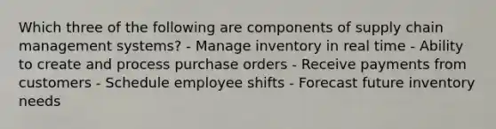 Which three of the following are components of <a href='https://www.questionai.com/knowledge/k3RYuUTFLO-supply-chain' class='anchor-knowledge'>supply chain</a> management systems? - Manage inventory in real time - Ability to create and process purchase orders - Receive payments from customers - Schedule employee shifts - Forecast future inventory needs