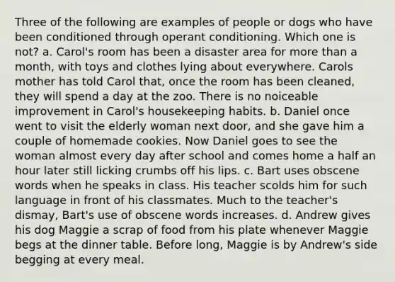 Three of the following are examples of people or dogs who have been conditioned through operant conditioning. Which one is not? a. Carol's room has been a disaster area for more than a month, with toys and clothes lying about everywhere. Carols mother has told Carol that, once the room has been cleaned, they will spend a day at the zoo. There is no noiceable improvement in Carol's housekeeping habits. b. Daniel once went to visit the elderly woman next door, and she gave him a couple of homemade cookies. Now Daniel goes to see the woman almost every day after school and comes home a half an hour later still licking crumbs off his lips. c. Bart uses obscene words when he speaks in class. His teacher scolds him for such language in front of his classmates. Much to the teacher's dismay, Bart's use of obscene words increases. d. Andrew gives his dog Maggie a scrap of food from his plate whenever Maggie begs at the dinner table. Before long, Maggie is by Andrew's side begging at every meal.