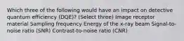 Which three of the following would have an impact on detective quantum efficiency (DQE)? (Select three) Image receptor material Sampling frequency Energy of the x-ray beam Signal-to-noise ratio (SNR) Contrast-to-noise ratio (CNR)