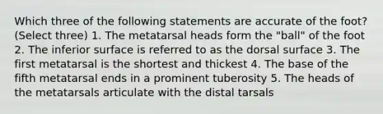 Which three of the following statements are accurate of the foot? (Select three) 1. The metatarsal heads form the "ball" of the foot 2. The inferior surface is referred to as the dorsal surface 3. The first metatarsal is the shortest and thickest 4. The base of the fifth metatarsal ends in a prominent tuberosity 5. The heads of the metatarsals articulate with the distal tarsals