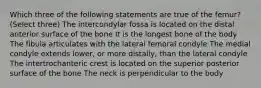 Which three of the following statements are true of the femur? (Select three) The intercondylar fossa is located on the distal anterior surface of the bone It is the longest bone of the body The fibula articulates with the lateral femoral condyle The medial condyle extends lower, or more distally, than the lateral condyle The intertrochanteric crest is located on the superior posterior surface of the bone The neck is perpendicular to the body