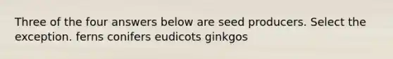 Three of the four answers below are seed producers. Select the exception. ferns conifers eudicots ginkgos