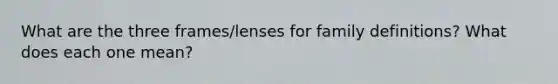 What are the three frames/lenses for family definitions? What does each one mean?