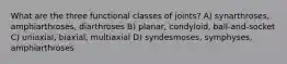 What are the three functional classes of joints? A) synarthroses, amphiarthroses, diarthroses B) planar, condyloid, ball-and-socket C) uniaxial, biaxial, multiaxial D) syndesmoses, symphyses, amphiarthroses