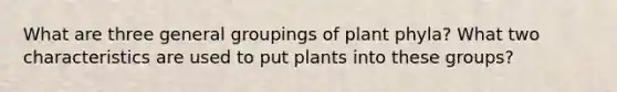 What are three general groupings of plant phyla? What two characteristics are used to put plants into these groups?