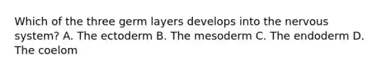 Which of the three germ layers develops into the nervous system? A. The ectoderm B. The mesoderm C. The endoderm D. The coelom