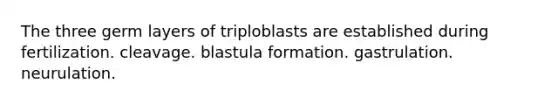 The three germ layers of triploblasts are established during fertilization. cleavage. blastula formation. gastrulation. neurulation.