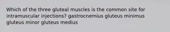 Which of the three gluteal muscles is the common site for intramuscular injections? gastrocnemius gluteus minimus gluteus minor gluteus medius