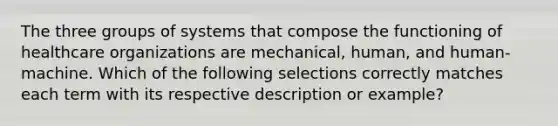 The three groups of systems that compose the functioning of healthcare organizations are mechanical, human, and human-machine. Which of the following selections correctly matches each term with its respective description or example?