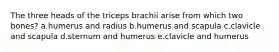 The three heads of the triceps brachii arise from which two bones? a.humerus and radius b.humerus and scapula c.clavicle and scapula d.sternum and humerus e.clavicle and humerus