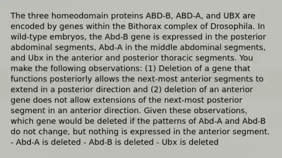 The three homeodomain proteins ABD-B, ABD-A, and UBX are encoded by genes within the Bithorax complex of Drosophila. In wild-type embryos, the Abd-B gene is expressed in the posterior abdominal segments, Abd-A in the middle abdominal segments, and Ubx in the anterior and posterior thoracic segments. You make the following observations: (1) Deletion of a gene that functions posteriorly allows the next-most anterior segments to extend in a posterior direction and (2) deletion of an anterior gene does not allow extensions of the next-most posterior segment in an anterior direction. Given these observations, which gene would be deleted if the patterns of Abd-A and Abd-B do not change, but nothing is expressed in the anterior segment. - Abd-A is deleted - Abd-B is deleted - Ubx is deleted