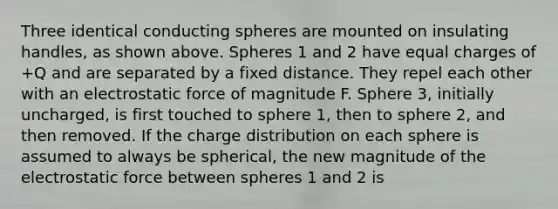 Three identical conducting spheres are mounted on insulating handles, as shown above. Spheres 1 and 2 have equal charges of +Q and are separated by a fixed distance. They repel each other with an electrostatic force of magnitude F. Sphere 3, initially uncharged, is first touched to sphere 1, then to sphere 2, and then removed. If the charge distribution on each sphere is assumed to always be spherical, the new magnitude of the electrostatic force between spheres 1 and 2 is