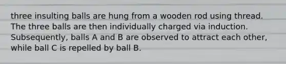 three insulting balls are hung from a wooden rod using thread. The three balls are then individually charged via induction. Subsequently, balls A and B are observed to attract each other, while ball C is repelled by ball B.