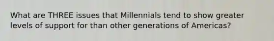 What are THREE issues that Millennials tend to show greater levels of support for than other generations of Americas?