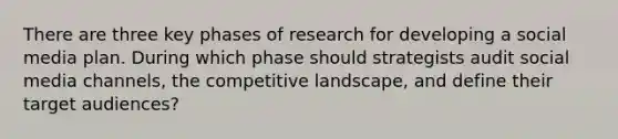 There are three key phases of research for developing a social media plan. During which phase should strategists audit social media channels, the competitive landscape, and define their target audiences?