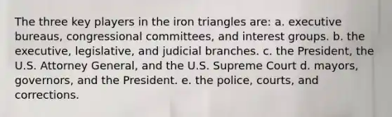 The three key players in the iron triangles are: a. executive bureaus, congressional committees, and interest groups. b. the executive, legislative, and judicial branches. c. the President, the U.S. Attorney General, and the U.S. Supreme Court d. mayors, governors, and the President. e. the police, courts, and corrections.