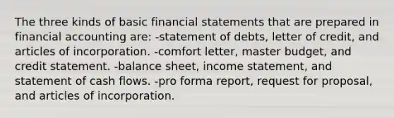 The three kinds of basic financial statements that are prepared in financial accounting are: -statement of debts, letter of credit, and articles of incorporation. -comfort letter, master budget, and credit statement. -balance sheet, income statement, and statement of cash flows. -pro forma report, request for proposal, and articles of incorporation.