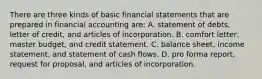 There are three kinds of basic financial statements that are prepared in financial accounting are: A. statement of debts, letter of credit, and articles of incorporation. B. comfort letter, master budget, and credit statement. C. balance sheet, income statement, and statement of cash flows. D. pro forma report, request for proposal, and articles of incorporation.