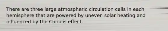 ​There are three large atmospheric circulation cells in each hemisphere that are powered by uneven solar heating and influenced by the Coriolis effect.