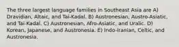 The three largest language families in Southeast Asia are A) Dravidian, Altaic, and Tai-Kadal. B) Austronesian, Austro-Asiatic, and Tai-Kadal. C) Austronesian, Afro-Asiatic, and Uralic. D) Korean, Japanese, and Austronesia. E) Indo-Iranian, Celtic, and Austronesia.