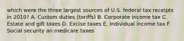 which were the three largest sources of U.S. federal tax receipts in 2010? A. Custom duties (tariffs) B. Corporate income tax C. Estate and gift taxes D. Excise taxes E. Individual income tax F. Social security an medicare taxes