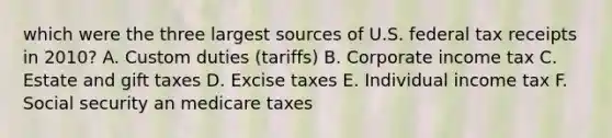 which were the three largest sources of U.S. federal tax receipts in 2010? A. Custom duties (tariffs) B. Corporate income tax C. Estate and gift taxes D. Excise taxes E. Individual income tax F. Social security an medicare taxes