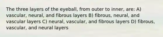 The three layers of the eyeball, from outer to inner, are: A) vascular, neural, and fibrous layers B) fibrous, neural, and vascular layers C) neural, vascular, and fibrous layers D) fibrous, vascular, and neural layers