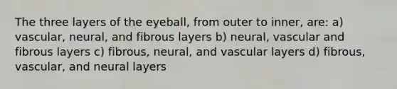 The three layers of the eyeball, from outer to inner, are: a) vascular, neural, and fibrous layers b) neural, vascular and fibrous layers c) fibrous, neural, and vascular layers d) fibrous, vascular, and neural layers