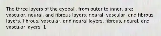 The three layers of the eyeball, from outer to inner, are: vascular, neural, and fibrous layers. neural, vascular, and fibrous layers. fibrous, vascular, and neural layers. fibrous, neural, and vascular layers. 1