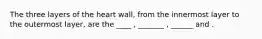 The three layers of the heart wall, from the innermost layer to the outermost layer, are the ____ , _______ , ______ and .