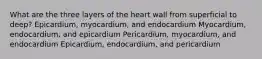 What are the three layers of the heart wall from superficial to deep? Epicardium, myocardium, and endocardium Myocardium, endocardium, and epicardium Pericardium, myocardium, and endocardium Epicardium, endocardium, and pericardium