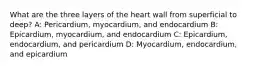 What are the three layers of the heart wall from superficial to deep? A: Pericardium, myocardium, and endocardium B: Epicardium, myocardium, and endocardium C: Epicardium, endocardium, and pericardium D: Myocardium, endocardium, and epicardium