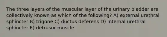 The three layers of the muscular layer of the urinary bladder are collectively known as which of the following? A) external urethral sphincter B) trigone C) ductus deferens D) internal urethral sphincter E) detrusor muscle