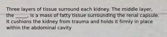 Three layers of tissue surround each kidney. The middle layer, the _____, is a mass of fatty tissue surrounding the renal capsule. It cushions the kidney from trauma and holds it firmly in place within the abdominal cavity