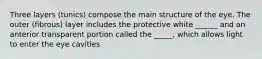 Three layers (tunics) compose the main structure of the eye. The outer (fibrous) layer includes the protective white ______ and an anterior transparent portion called the _____, which allows light to enter the eye cavities